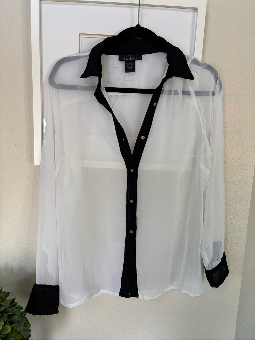 Pink Collection Sheer White Button-Down Blouse with Black Trim Size Large